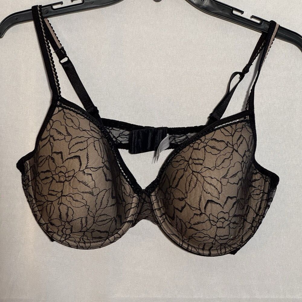 Wacoal Black Lace Overlay Underwire Bra 38D Sheer Floral Full Coverage